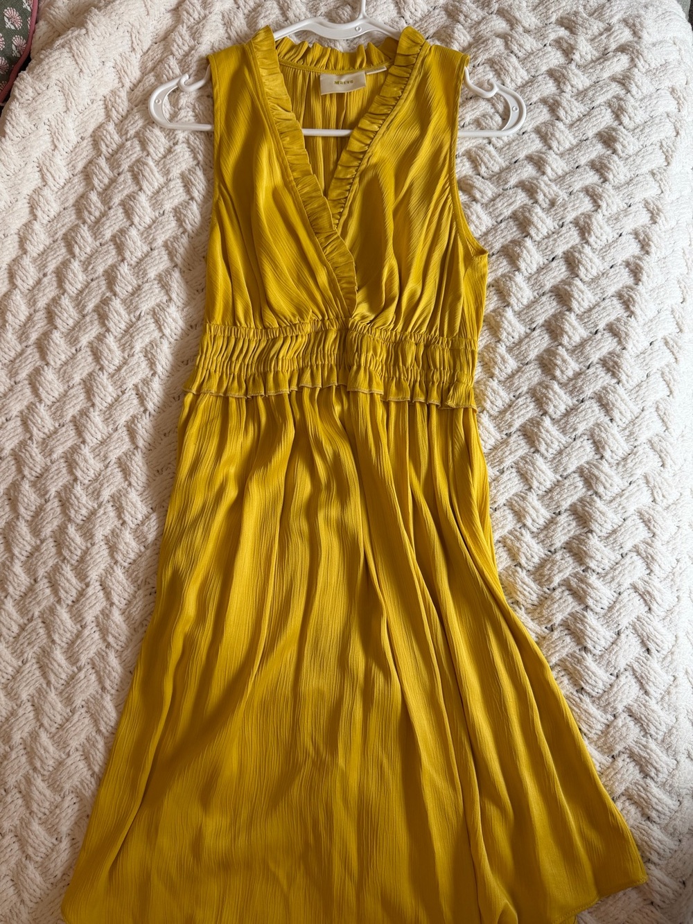 Maeve Anthropologie Mustard Yellow Sleeveless Midi Dress with Ruffle V-Neck